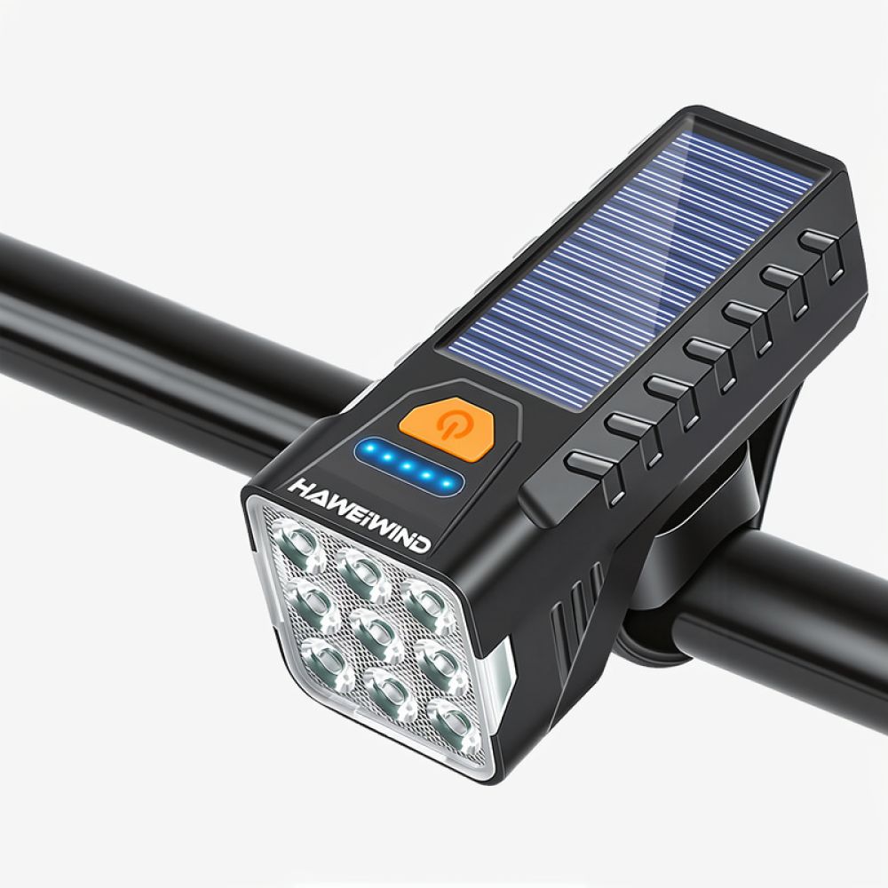 Cycling Commute Gear - ソーラー充電式自転車用ヘッドライト。USB充電可能。前照灯、サイクルホーン、LED安全警告灯。夜間の都市部での通勤に最適。